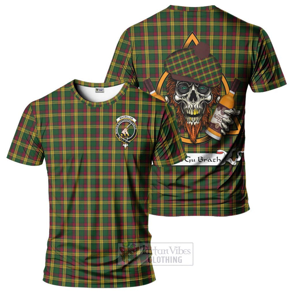 Tartan Vibes Clothing MacMillan (McMillan) Tartan T-Shirt with Family Crest and Bearded Skull Holding Bottles of Whiskey