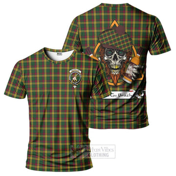 MacMillan (McMillan) Tartan T-Shirt with Family Crest and Bearded Skull Holding Bottles of Whiskey