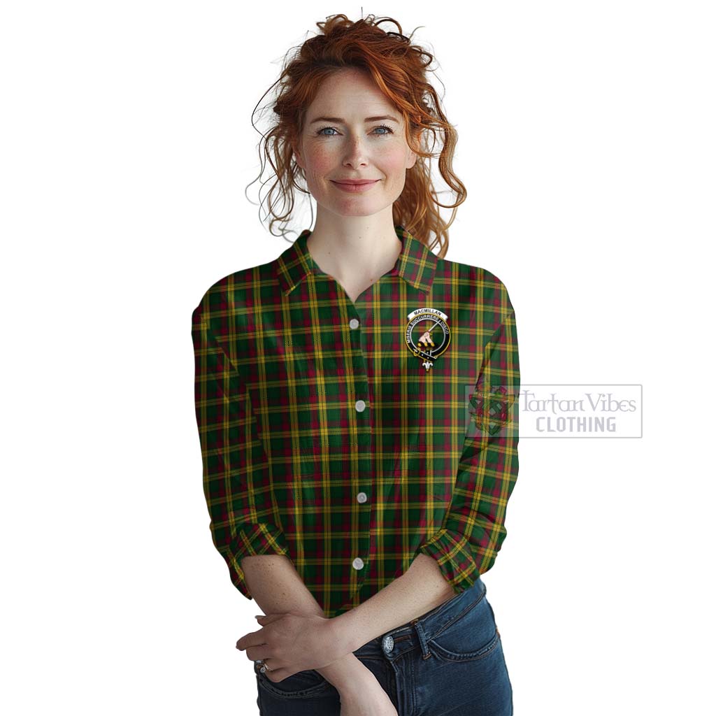 Tartan Vibes Clothing MacMillan (McMillan) Tartan Women's Casual Shirt with Family Crest and Bearded Skull Holding Bottles of Whiskey