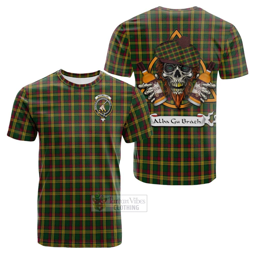 Tartan Vibes Clothing MacMillan (McMillan) Tartan Cotton T-shirt with Family Crest and Bearded Skull Holding Bottles of Whiskey