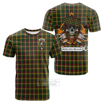 MacMillan (McMillan) Tartan Cotton T-shirt with Family Crest and Bearded Skull Holding Bottles of Whiskey