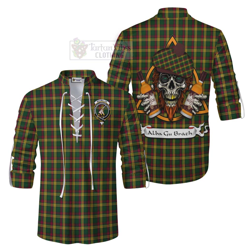 Tartan Vibes Clothing MacMillan (McMillan) Tartan Ghillie Kilt Shirt with Family Crest and Bearded Skull Holding Bottles of Whiskey