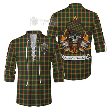 MacMillan (McMillan) Tartan Ghillie Kilt Shirt with Family Crest and Bearded Skull Holding Bottles of Whiskey