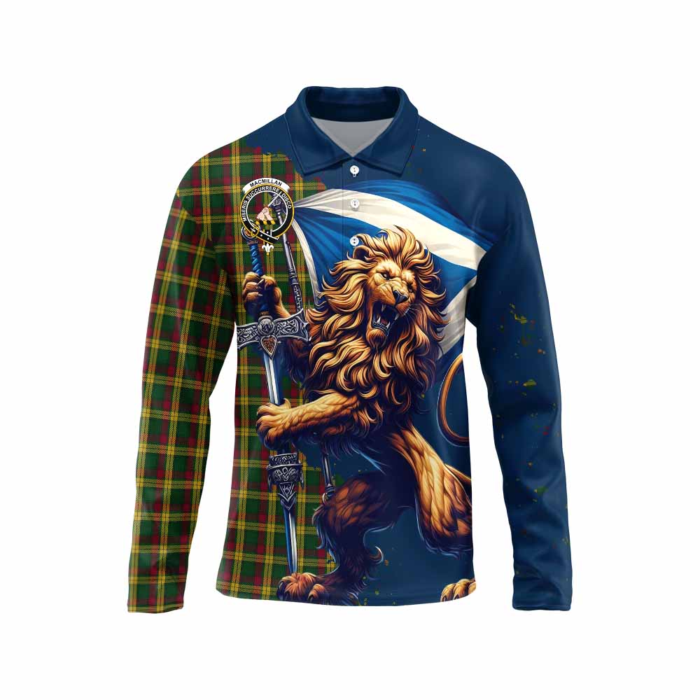 Tartan Vibes Clothing MacMillan (McMillan) Tartan Family Crest Long Sleeve Polo Shirt with Scottish Majestic Lion