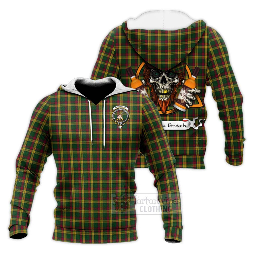 Tartan Vibes Clothing MacMillan (McMillan) Tartan Knitted Hoodie with Family Crest and Bearded Skull Holding Bottles of Whiskey