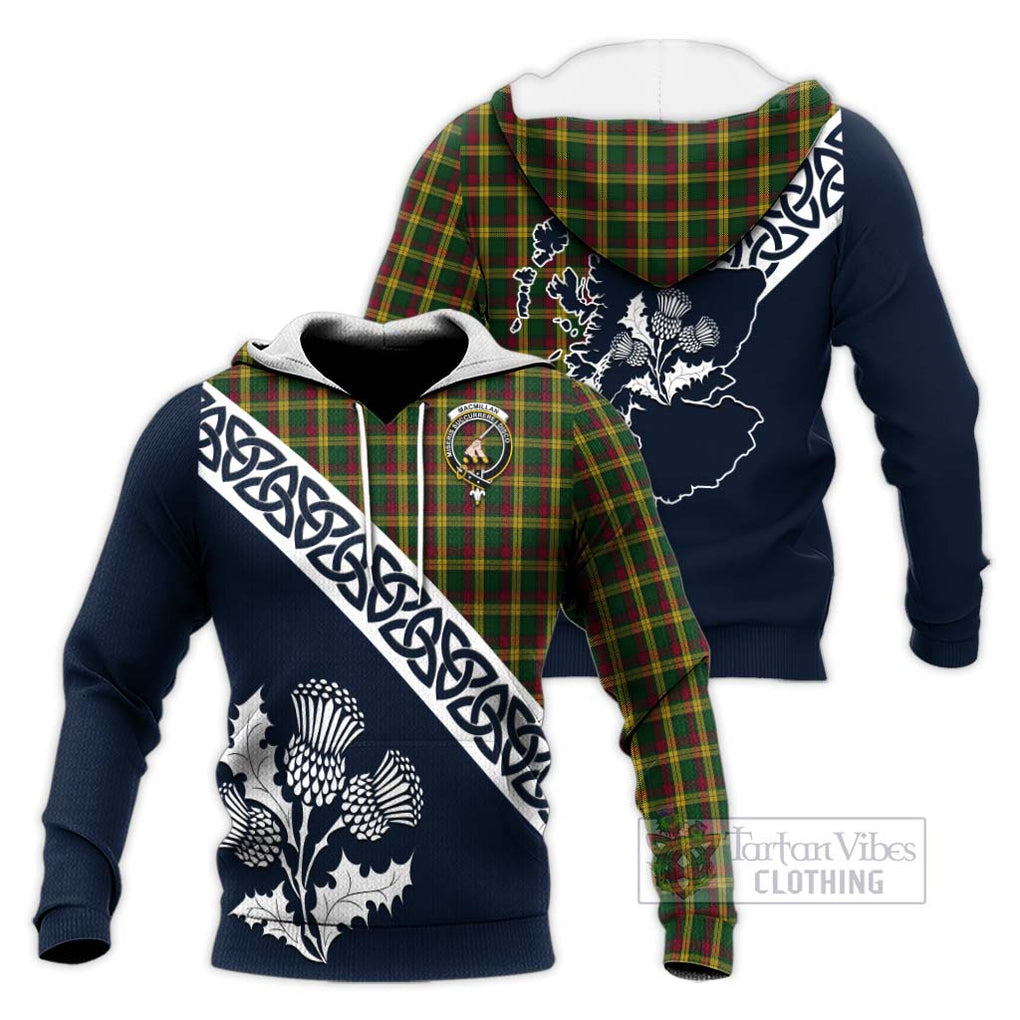 Tartan Vibes Clothing MacMillan (McMillan) Tartan Knitted Hoodie Featuring Thistle and Scotland Map