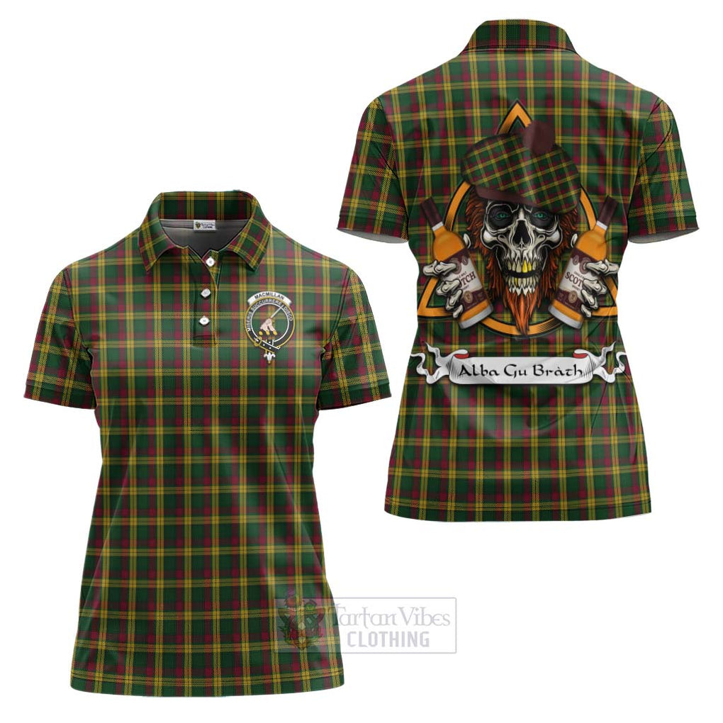 Tartan Vibes Clothing MacMillan (McMillan) Tartan Women's Polo Shirt with Family Crest and Bearded Skull Holding Bottles of Whiskey