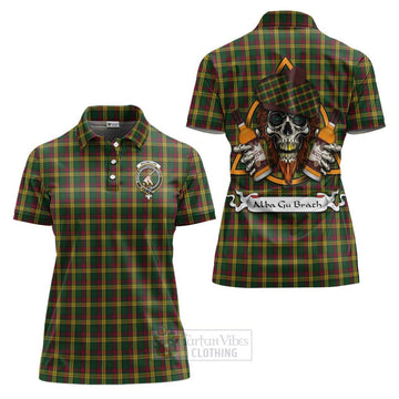 MacMillan (McMillan) Tartan Women's Polo Shirt with Family Crest and Bearded Skull Holding Bottles of Whiskey