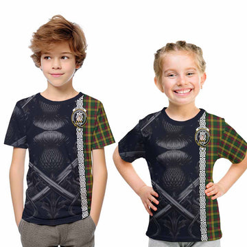 MacMillan (McMillan) Tartan Kid T-Shirt with Family Crest Cross Sword Thistle Celtic Vibes