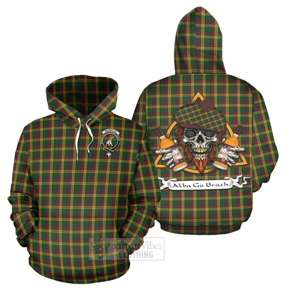 Tartan Vibes Clothing MacMillan (McMillan) Tartan Hoodie with Family Crest and Bearded Skull Holding Bottles of Whiskey