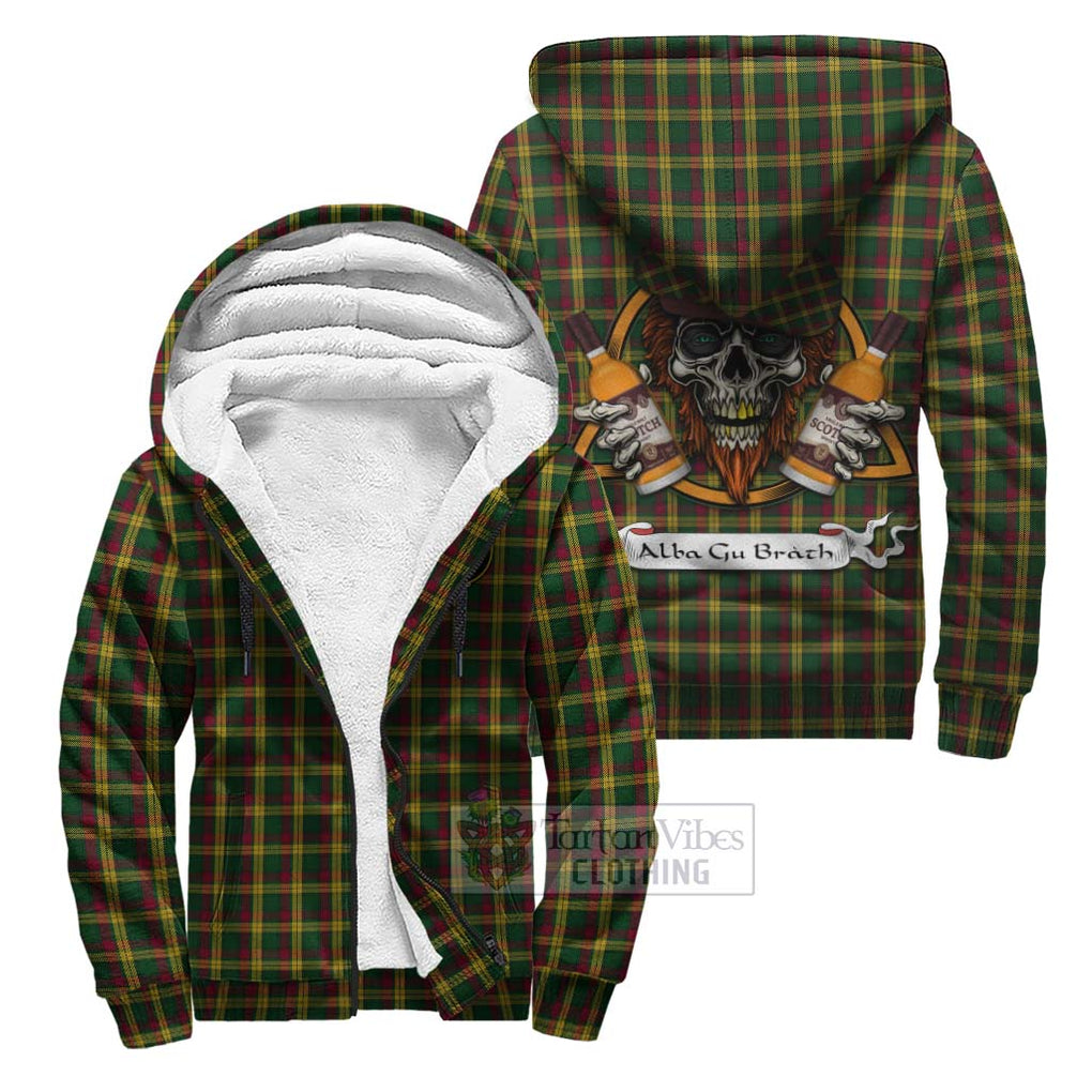 Tartan Vibes Clothing MacMillan (McMillan) Tartan Sherpa Hoodie with Family Crest and Bearded Skull Holding Bottles of Whiskey