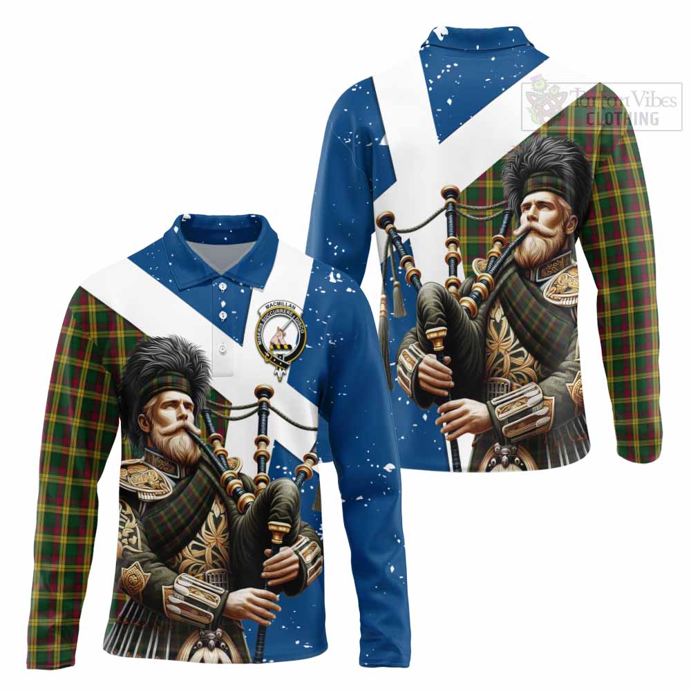 Tartan Vibes Clothing MacMillan (McMillan) Tartan Long Sleeve Polo Shirt with Family Crest Scottish Bagpiper Vibes