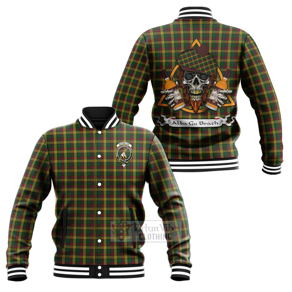 Tartan Vibes Clothing MacMillan (McMillan) Tartan Baseball Jacket with Family Crest and Bearded Skull Holding Bottles of Whiskey