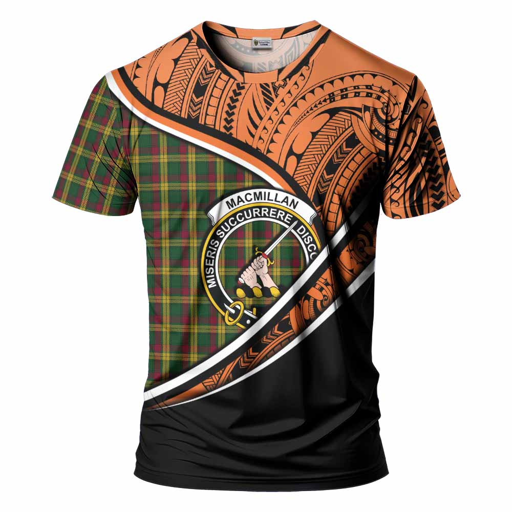 Tartan Vibes Clothing MacMillan (McMillan) Crest Tartan T-Shirt with Maori Tattoo Style - Orange Version