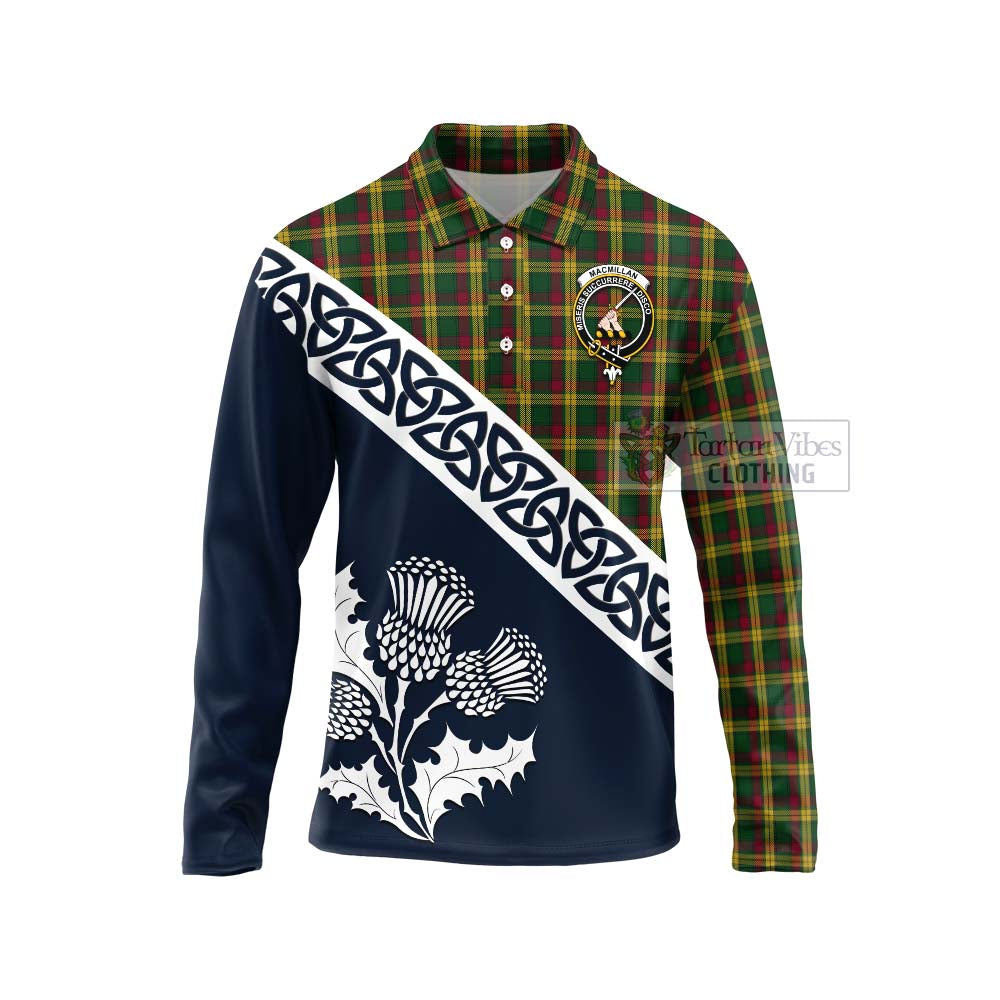 Tartan Vibes Clothing MacMillan (McMillan) Tartan Long Sleeve Polo Shirt Featuring Thistle and Scotland Map