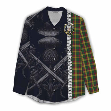 MacMillan (McMillan) Tartan Women's Casual Shirt with Family Crest Cross Sword Thistle Celtic Vibes