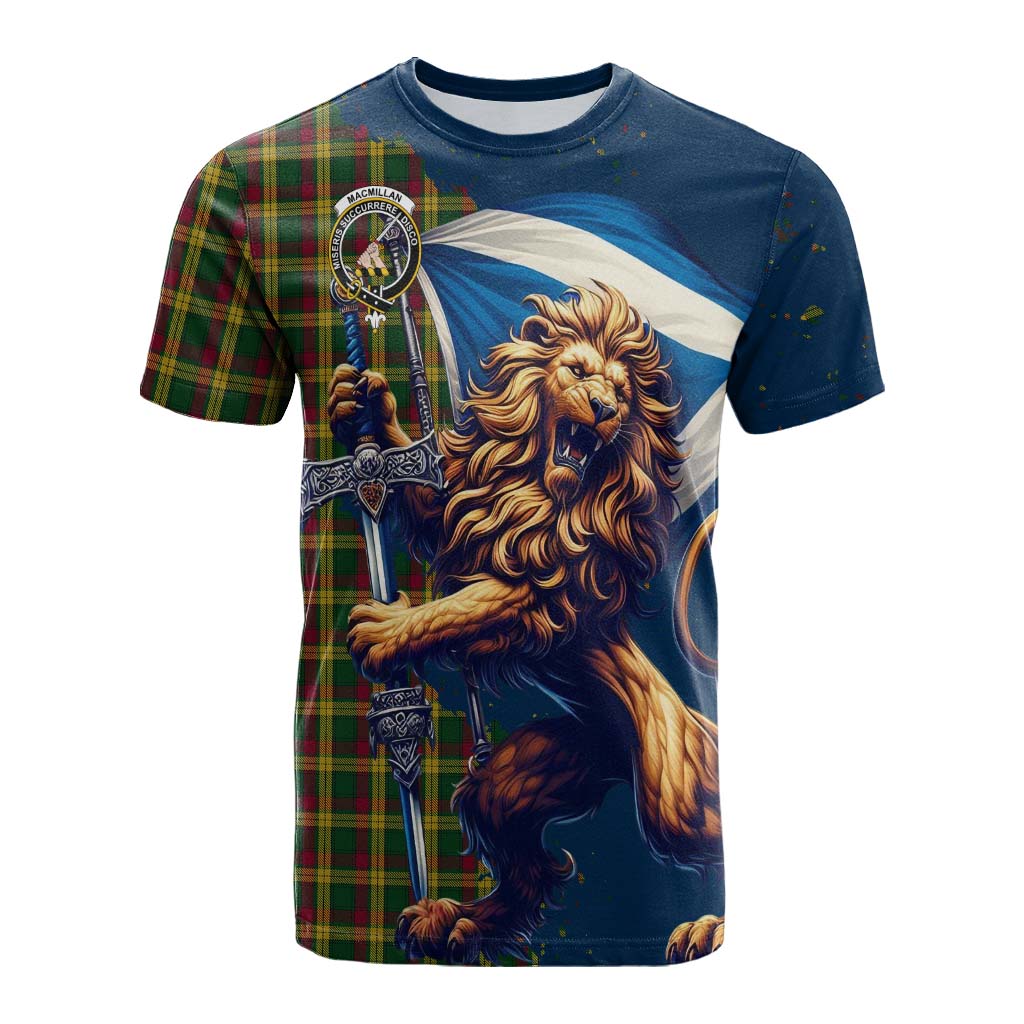 Tartan Vibes Clothing MacMillan (McMillan) Tartan Family Crest Cotton T-shirt with Scottish Majestic Lion