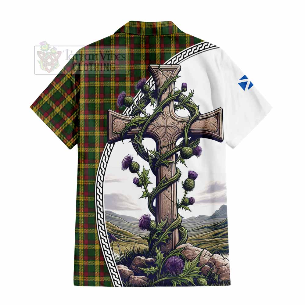 Tartan Vibes Clothing MacMillan (McMillan) Tartan Short Sleeve Button Shirt with Family Crest and St. Andrew's Cross Accented by Thistle Vines