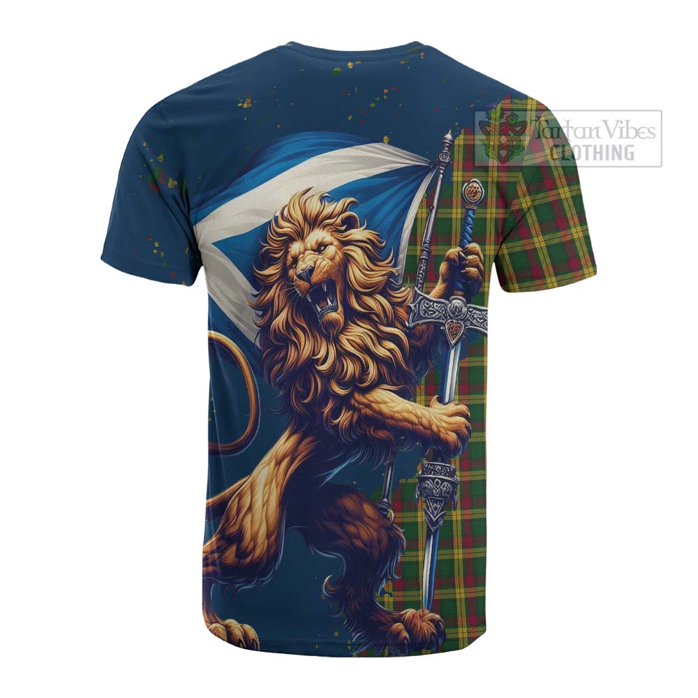 Tartan Vibes Clothing MacMillan (McMillan) Tartan Family Crest Cotton T-shirt with Scottish Majestic Lion