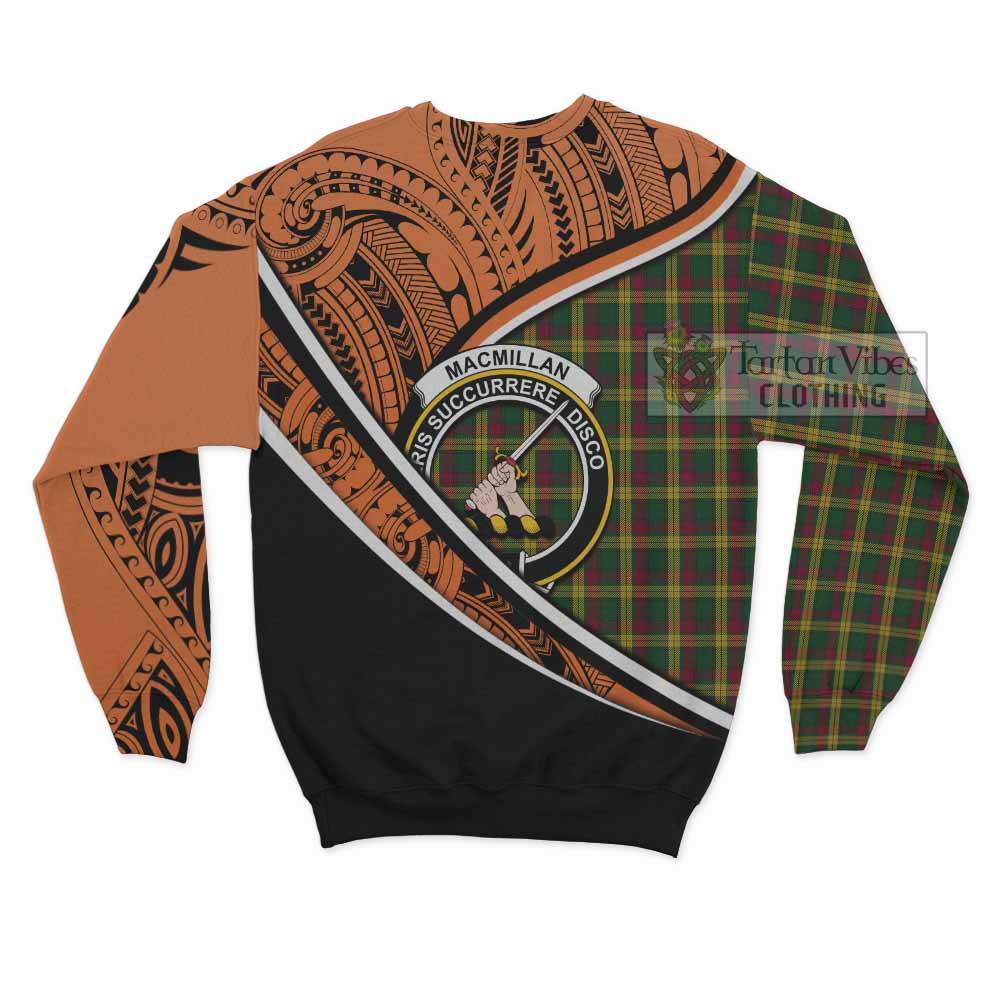 Tartan Vibes Clothing MacMillan (McMillan) Crest Tartan Sweatshirt with Maori Tattoo Style - Orange Version