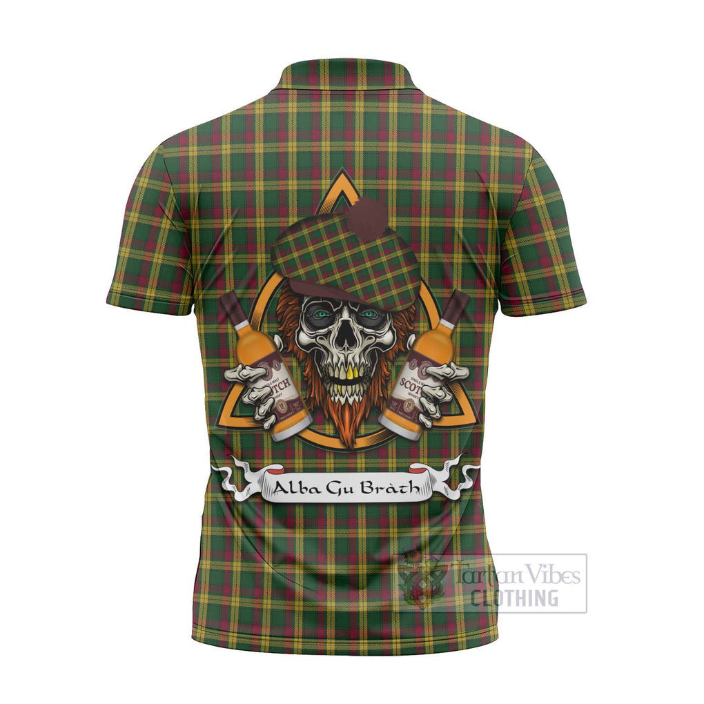 Tartan Vibes Clothing MacMillan (McMillan) Tartan Zipper Polo Shirt with Family Crest and Bearded Skull Holding Bottles of Whiskey