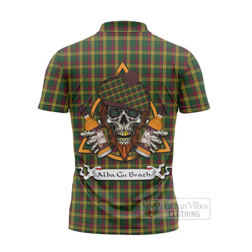 MacMillan (McMillan) Tartan Zipper Polo Shirt with Family Crest and Bearded Skull Holding Bottles of Whiskey