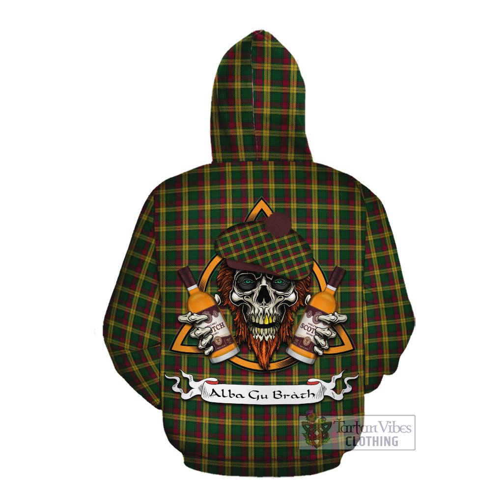 Tartan Vibes Clothing MacMillan (McMillan) Tartan Cotton Hoodie with Family Crest and Bearded Skull Holding Bottles of Whiskey