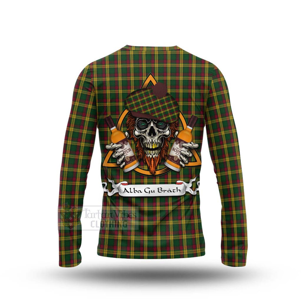 Tartan Vibes Clothing MacMillan (McMillan) Tartan Long Sleeve T-Shirt with Family Crest and Bearded Skull Holding Bottles of Whiskey