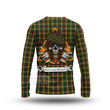 MacMillan (McMillan) Tartan Long Sleeve T-Shirt with Family Crest and Bearded Skull Holding Bottles of Whiskey