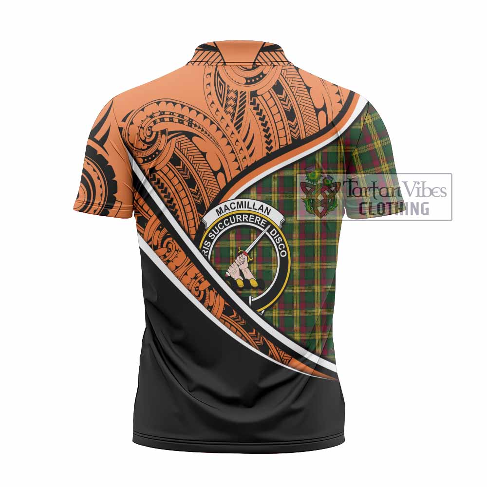 Tartan Vibes Clothing MacMillan (McMillan) Crest Tartan Zipper Polo Shirt with Maori Tattoo Style - Orange Version