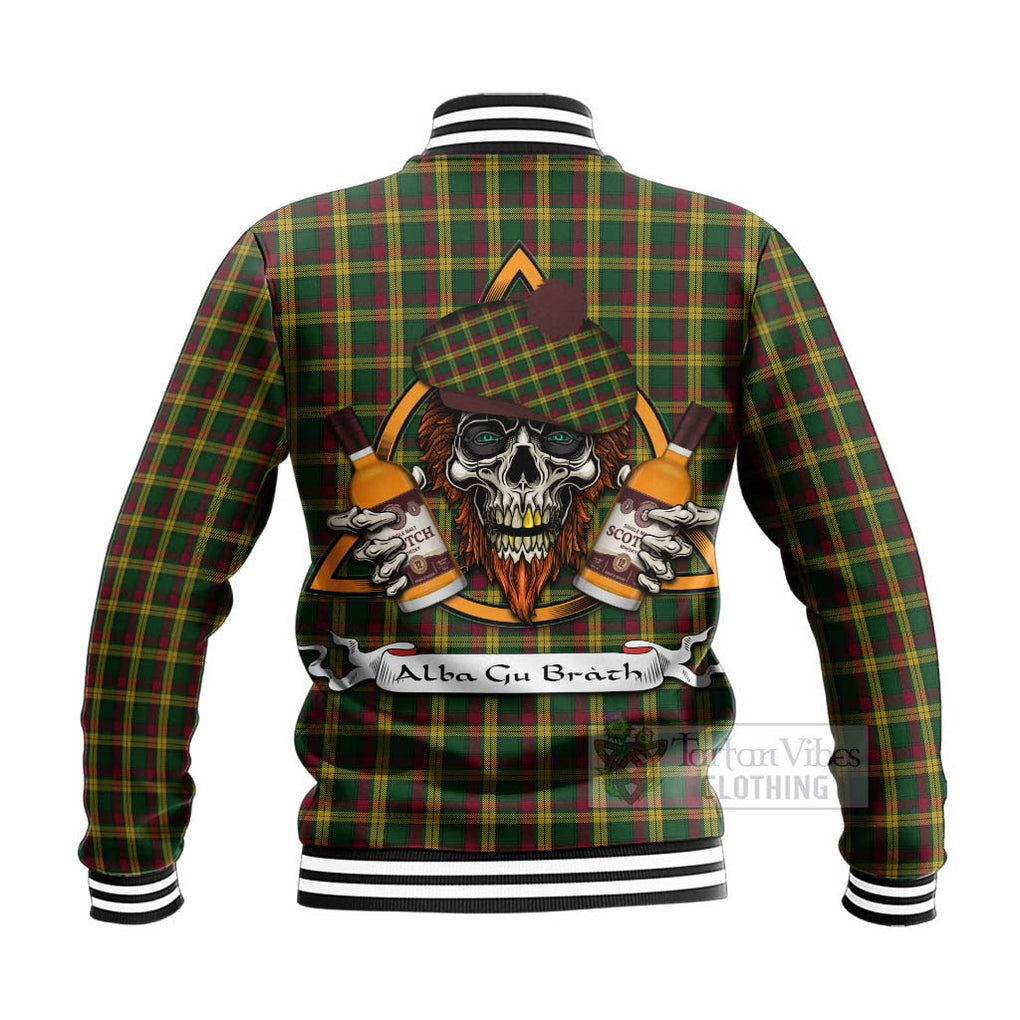 Tartan Vibes Clothing MacMillan (McMillan) Tartan Baseball Jacket with Family Crest and Bearded Skull Holding Bottles of Whiskey