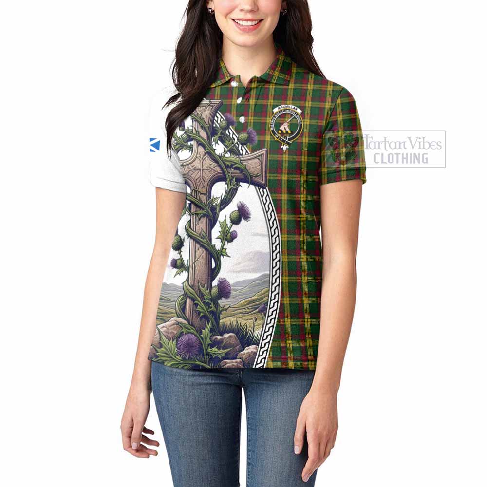 Tartan Vibes Clothing MacMillan (McMillan) Tartan Women's Polo Shirt with Family Crest and St. Andrew's Cross Accented by Thistle Vines