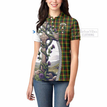 MacMillan (McMillan) Tartan Women's Polo Shirt with Family Crest and St. Andrew's Cross Accented by Thistle Vines