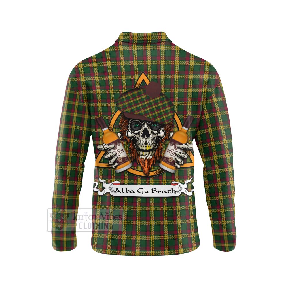 Tartan Vibes Clothing MacMillan (McMillan) Tartan Long Sleeve Polo Shirt with Family Crest and Bearded Skull Holding Bottles of Whiskey