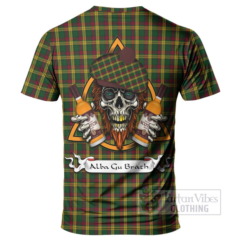 Tartan Vibes Clothing MacMillan (McMillan) Tartan T-Shirt with Family Crest and Bearded Skull Holding Bottles of Whiskey