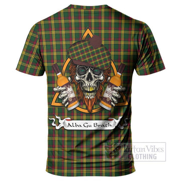 MacMillan (McMillan) Tartan T-Shirt with Family Crest and Bearded Skull Holding Bottles of Whiskey