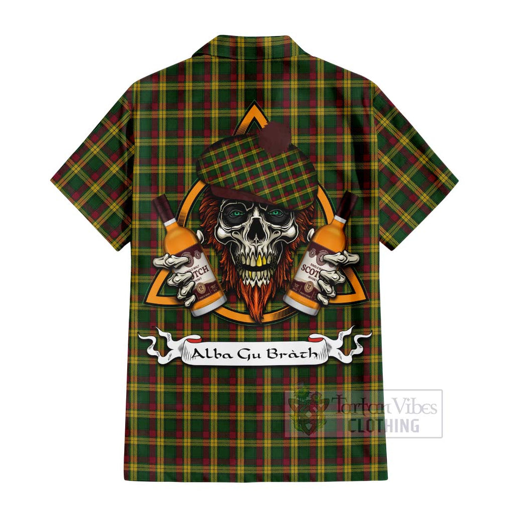 Tartan Vibes Clothing MacMillan (McMillan) Tartan Short Sleeve Button Shirt with Family Crest and Bearded Skull Holding Bottles of Whiskey