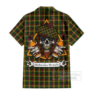 MacMillan (McMillan) Tartan Short Sleeve Button Shirt with Family Crest and Bearded Skull Holding Bottles of Whiskey