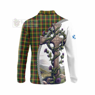 MacMillan (McMillan) Tartan Long Sleeve Polo Shirt with Family Crest and St. Andrew's Cross Accented by Thistle Vines