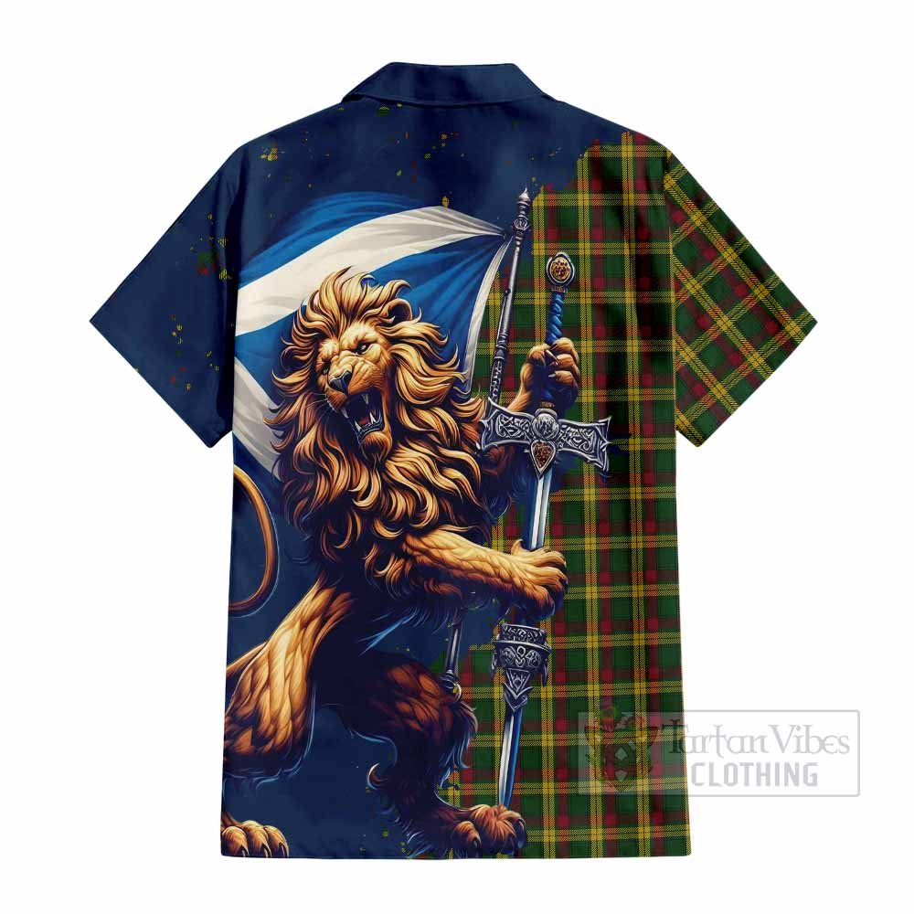 Tartan Vibes Clothing MacMillan (McMillan) Tartan Family Crest Short Sleeve Button Shirt with Scottish Majestic Lion