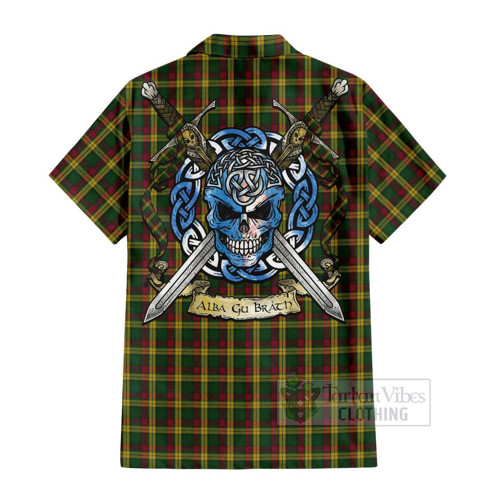 Tartan Vibes Clothing MacMillan (McMillan) Tartan Short Sleeve Button Shirt with Family Crest Celtic Skull Style