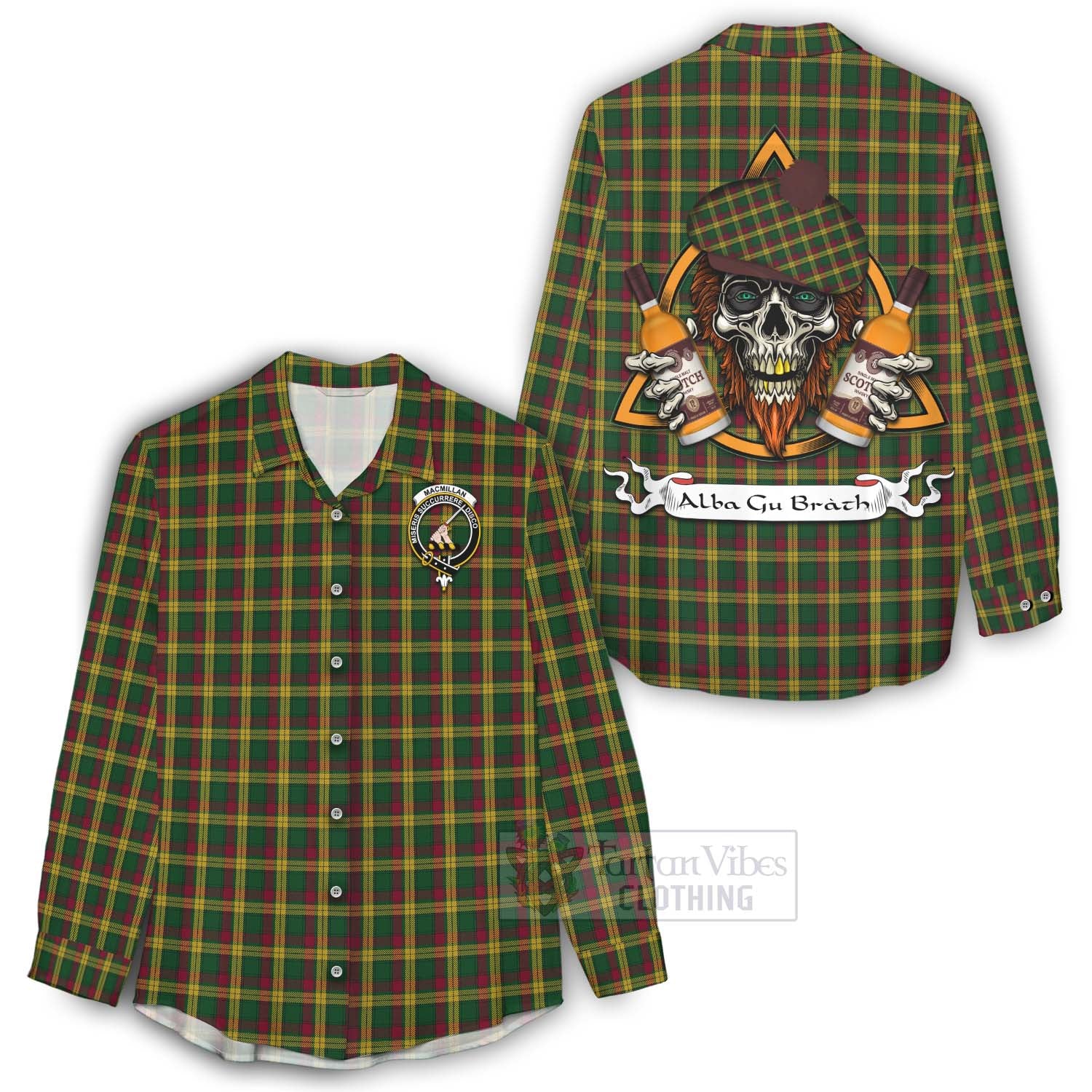 Tartan Vibes Clothing MacMillan (McMillan) Tartan Women's Casual Shirt with Family Crest and Bearded Skull Holding Bottles of Whiskey