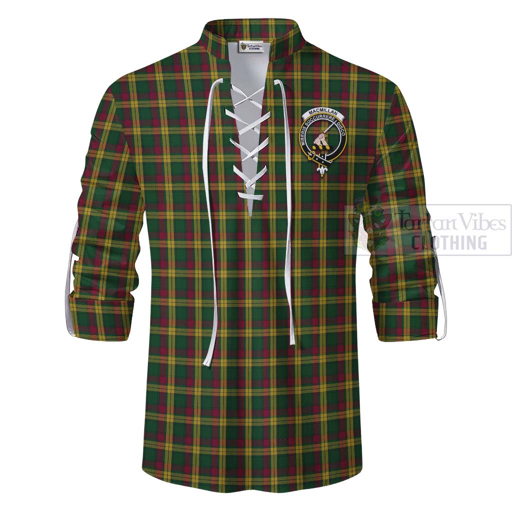 Tartan Vibes Clothing MacMillan (McMillan) Tartan Ghillie Kilt Shirt with Family Crest and Bearded Skull Holding Bottles of Whiskey