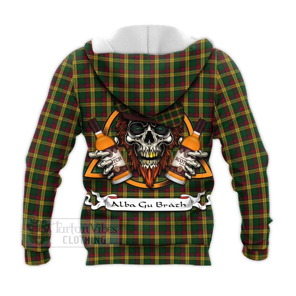 Tartan Vibes Clothing MacMillan (McMillan) Tartan Knitted Hoodie with Family Crest and Bearded Skull Holding Bottles of Whiskey