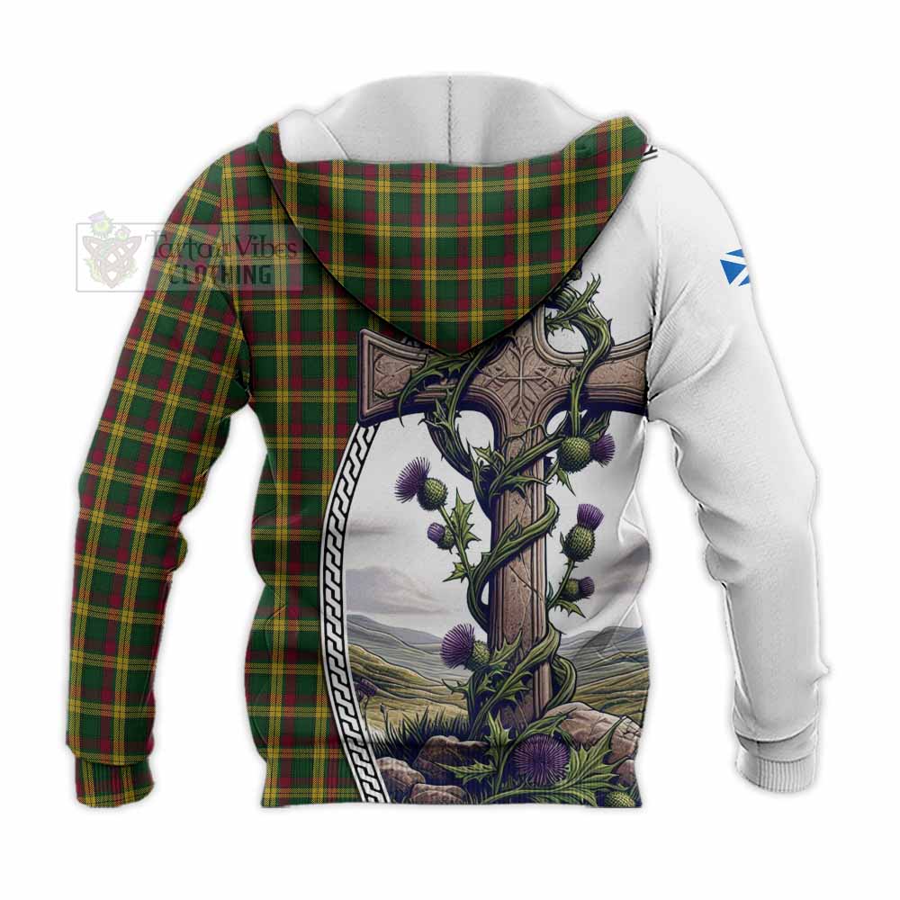 Tartan Vibes Clothing MacMillan (McMillan) Tartan Knitted Hoodie with Family Crest and St. Andrew's Cross Accented by Thistle Vines