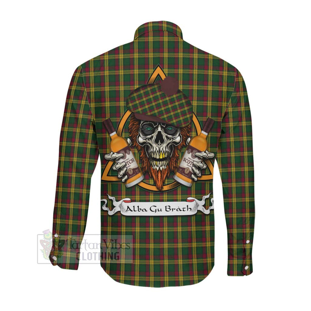 Tartan Vibes Clothing MacMillan (McMillan) Tartan Long Sleeve Button Shirt with Family Crest and Bearded Skull Holding Bottles of Whiskey