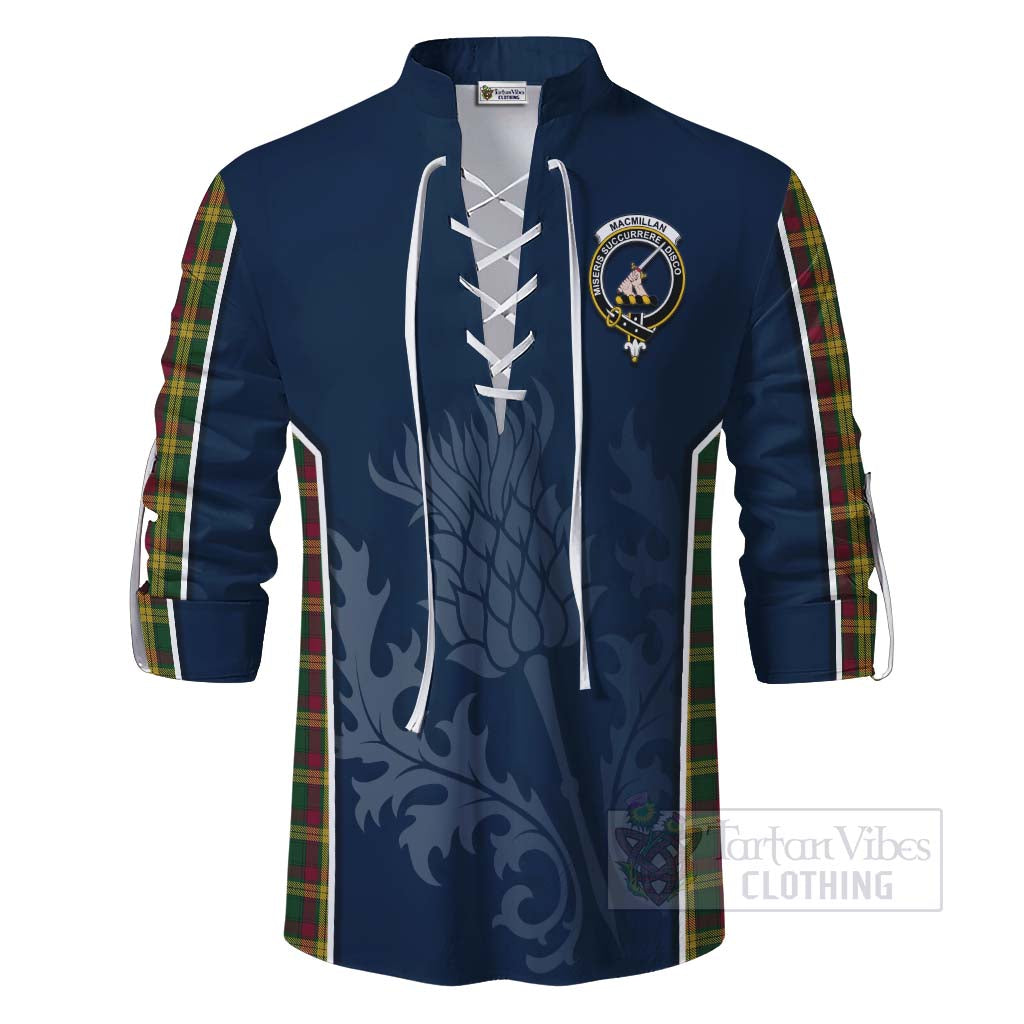 Tartan Vibes Clothing MacMillan (McMillan) Tartan Ghillie Kilt Shirt with Family Crest and Scottish Thistle Vibes Sport Style