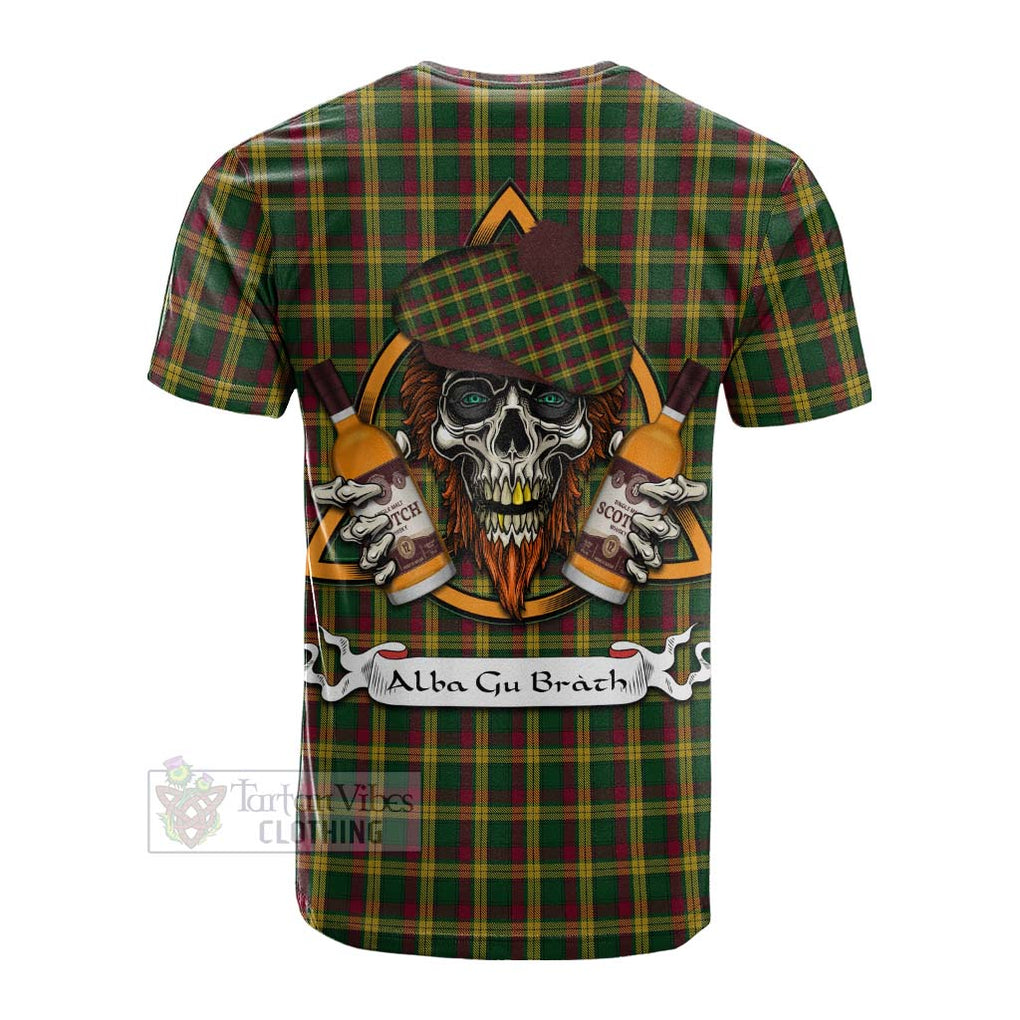 Tartan Vibes Clothing MacMillan (McMillan) Tartan Cotton T-shirt with Family Crest and Bearded Skull Holding Bottles of Whiskey