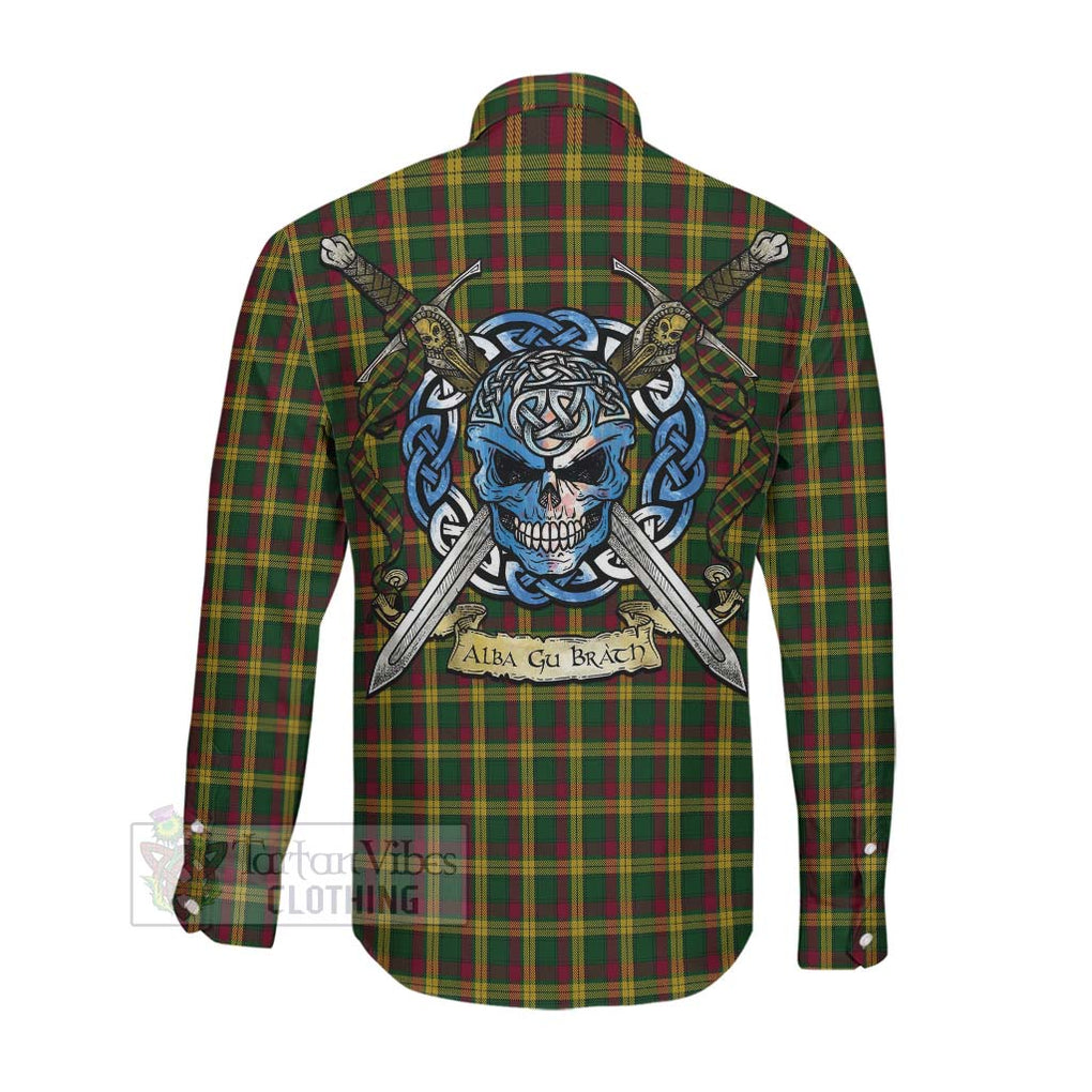 Tartan Vibes Clothing MacMillan (McMillan) Tartan Long Sleeve Button Shirt with Family Crest Celtic Skull Style