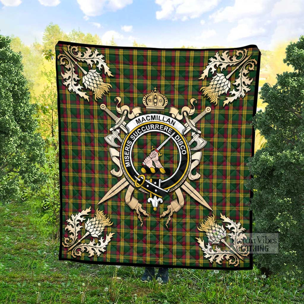 Tartan Vibes Clothing MacMillan (McMillan) Tartan Quilt with Family Crest and Scottish Golden Courage Shield